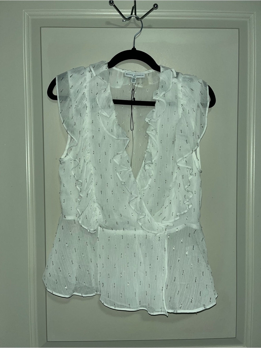 Maison d'Amélie Paris Ruffle V-Neck Sleeveless Blouse with Metallic Dot